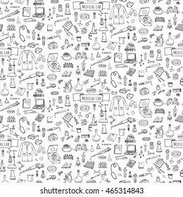 Seamless pattern Hand drawn doodle Medical laboratory icons set. Vector illustration. Chemical lab symbol collection. Cartoon medicine and healthcare elements: research tools, substance and molecules