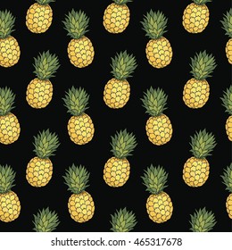 Seamless pattern with hand drawn doodle pineapple fruits on black background. For printing, cloth, design, wallpaper, wrapping, web page background, surface textures, menu, restaurant, cafe, kitchen.