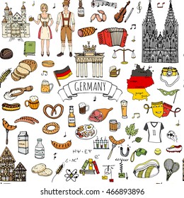 Seamless pattern hand drawn doodle set of Germany icons. Vector illustration set. Cartoon German landmark. Sketchy Europe travel elements collection: Sausage, Beer, Wheat bread, football, castle