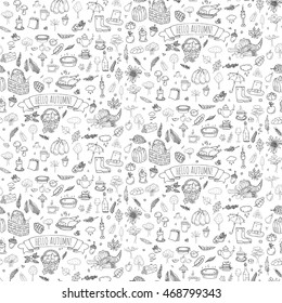 Seamless pattern hand drawn doodle Autumn icons set. Vector illustration. Fall symbols collection. Cartoon seasonal elements: turkey, harvest, vegetables, pumpkin pie, leaves, trees, wine, mushrooms