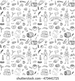 Seamless pattern hand drawn doodle set of Oktoberfest icons. Vector illustration set. Cartoon Bavarian elements. Sketchy collection: Sausage, Beer Barrels, Bread, Girl and Man in traditional costumes.