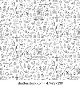 Seamless pattern hand drawn doodle Happy Halloween icons set. Vector illustration. Holiday symbols collection. Cartoon various sketch elements: pumpkin, ghost, bat, candy witches cauldron, zombie hand