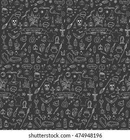 Seamless pattern hand drawn doodle Happy Halloween icons set. Vector illustration. Holiday symbols collection. Cartoon various sketch elements.