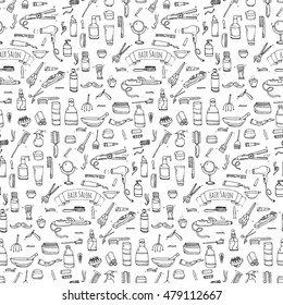 Seamless pattern hand drawn doodle Hair salon icons set. Vector illustration. Barber symbols collection. Cartoon hairdressing equipment elements: shampoo, mask, hair die, scissors, iron, hair dryer