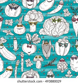 Seamless pattern of Hand drawn doodle Funny Stylish Fashion Vegetables with Sunglasses