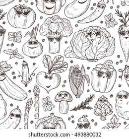 Seamless pattern of Hand drawn doodle Funny Stylish Fashion Vegetables with Sunglasses