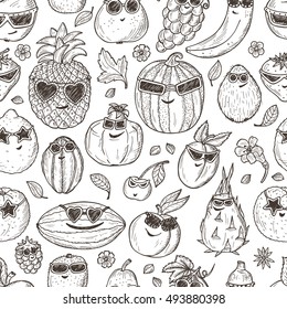 Seamless pattern of Hand drawn doodle Funny Stylish Fashion Fruits with Sunglasses