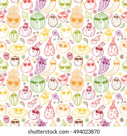 Seamless pattern of Hand drawn doodle Funny Stylish Fashion Fruits with Sunglasses