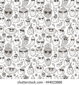 Seamless pattern of Hand drawn doodle Funny Stylish Fashion Fruits with Sunglasses