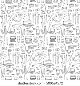 Seamless pattern Hand drawn doodle Make up icons set. Vector illustration. Beauty symbols collection. Cartoon element: powder, mascara, pencil, eye liner, foundation, cream, lipstick, blush, cosmetics