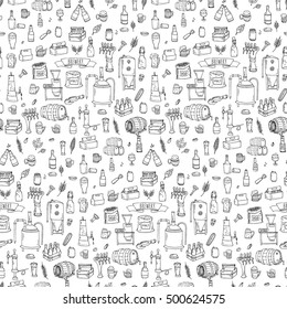 Seamless pattern Hand drawn doodle set of Brewery icons. Vector illustration set. Cartoon Craft Beer production symbols. Sketchy brewing elements collection: pub equipment, malt, hop, glass, barrel