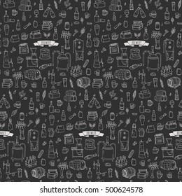 Seamless pattern Hand drawn doodle set of Brewery icons. Vector illustration set. Cartoon Craft Beer production symbols. Sketchy brewing elements collection: pub equipment, malt, hop, glass, barrel