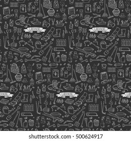 Seamless pattern Hand drawn doodle set of Gardening icons. Vector illustration set. Cartoon Garden symbols. Sketchy elements collection: lawnmower, trimmer, spade, fork, rake, hoe, trug, wheelbarrow
