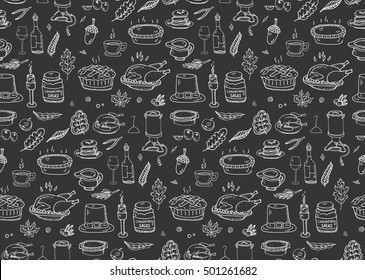 Seamless pattern Hand drawn doodle Thanksgiving icons set. Vector illustration autumn symbols collection. Cartoon various celebration elements: turkey, hat, cranberry, vegetables, pumpkin pie, leaves