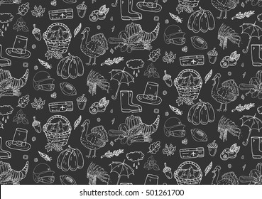 Seamless pattern Hand drawn doodle Thanksgiving icons set. Vector illustration autumn symbols collection. Cartoon various celebration elements: turkey, hat, cranberry, vegetables, pumpkin pie, leaves