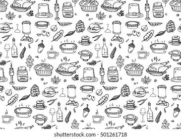 Seamless pattern Hand drawn doodle Thanksgiving icons set. Vector illustration autumn symbols collection. Cartoon various celebration elements: turkey, hat, cranberry, vegetables, pumpkin pie, leaves