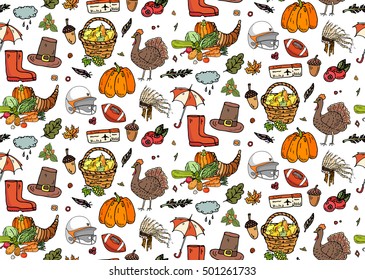 Seamless pattern Hand drawn doodle Thanksgiving icons set. Vector illustration autumn symbols collection. Cartoon various celebration elements: turkey, hat, cranberry, vegetables, pumpkin pie, leaves