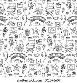 Seamless pattern Hand drawn doodle Cinema set. Vector illustration. Movie making icons. Film symbols collection. Cinematography freehand: camera, film tape, photo camera, pizza, popcorn, projector.