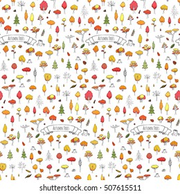 Seamless pattern Hand drawn doodle stylized autumn tree collection Vector tree silhouette on white background Leaves different size and form Forest icon Eco concept Nature Orange red yellow collection