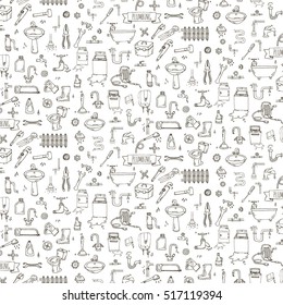 Seamless pattern Hand drawn doodle Plumbing icons set. Vector illustration. Plumber repair tools collection. Cartoon pipe sketch elements: sink, tube, drain, broken washing machine, splash, drops Leak
