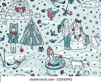 Seamless pattern with Hand drawn doodle Happy children playing outdoors in winter time. Winter season. Christmas and New Year Background for kids. Joyful kids. Winter holidays. Walk on outdoors. 