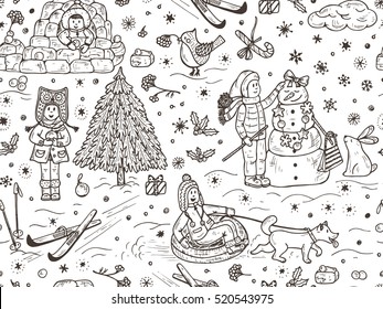 Seamless pattern with Hand drawn doodle Happy children playing outdoors in winter time. Winter season. Christmas and New Year Background for kids. Joyful kids. Winter holidays. Walk on outdoors. 