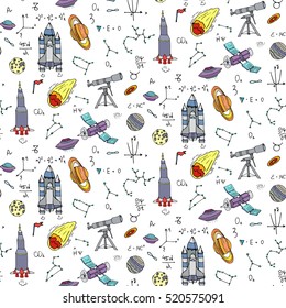 Seamless pattern Hand drawn doodle Space and Cosmos set Vector illustration Universe icons Space concept elements Rocket Space ship symbols collection Solar system Planets Galaxy Milky Way Astronaut