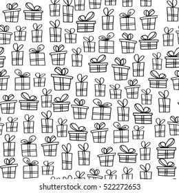 Seamless pattern with hand drawn doodle gift boxes with bows and ribbons. 