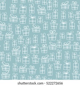 Seamless pattern with hand drawn doodle gift boxes with bows and ribbons. 