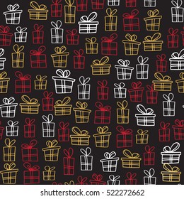 Seamless pattern with hand drawn doodle gift boxes, bows and ribbons. Sketch illustration on black background. Christmas or birthday pattern.