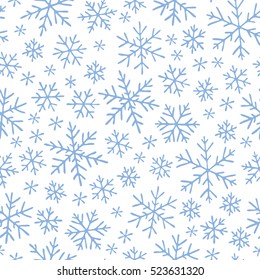 Seamless pattern with hand drawn doodle snowflake. Vector winter pattern. White snowflakes on violet background.