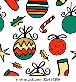 Seamless pattern with hand drawn doodle elements - design for textile, wrapping paper for Christmas and New Year season. 