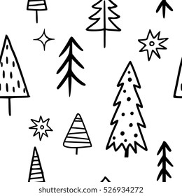 Seamless pattern with hand drawn doodle elements - design for textile, wrapping paper for Christmas and New Year season. 