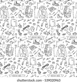 Seamless Pattern Hand Drawn Doodle Mountain Climbing Icons Set. Vector Illustration. Mountaineering Equipment Cartoon Sketch For Trekking, Hiking, Tourism, Expedition, Camping, Outdoor Recreation.