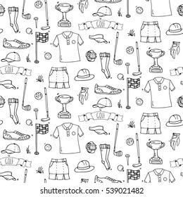 Seamless pattern Hand drawn doodle Golf icons set. Vector illustration collection. Cartoon golfing sketch elements: clubs, tee, bag, cart, sport cloth, shoes, polo shirt, umbrella, flag, hole, grass.