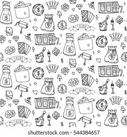 Seamless pattern with hand drawn doodle Casino icon set. Vector illustration. Cartoon Gambling symbols. Sketchy game collection: bet, jackpot, cards, chips, coins, darts, roulette, poker, money, slot.