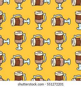 Seamless pattern with hand drawn doodle cups of coffee. Cartoon morning coffee tiling pattern.