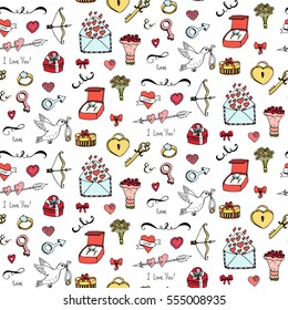 Seamless pattern with hand drawn doodle Love and Feelings collection. Vector illustration. Sketchy background for Valentine's day, wedding, love and romantic events, mother's day. Hearts, dove, ring.