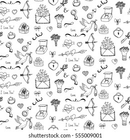 Seamless pattern with hand drawn doodle Love and Feelings collection. Vector illustration. Sketchy background for Valentine's day, wedding, love and romantic events, mother's day. Hearts, dove, ring.