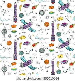 Seamless pattern Hand drawn doodle Space and Cosmos set. Vector illustration. Universe icons. Rocket, Space ship collection. Solar system, Planet, Galaxy, Milky Way, Astronaut. Tech freehand elements.