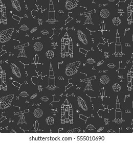 Seamless pattern Hand drawn doodle Space and Cosmos set. Vector illustration. Universe icons. Rocket, Space ship collection. Solar system, Planet, Galaxy, Milky Way, Astronaut. Tech freehand elements.