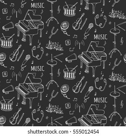 Seamless pattern Hand drawn doodle Music set. Vector illustration. Musical instrument and symbols icons collection. Cartoon sound elements: Notes, Piano, Violin, Drum, Headphones, Cassette, Megaphone