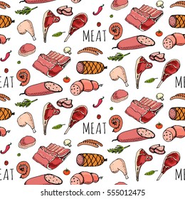 Seamless pattern Hand drawn doodle set of cartoon different kind of meat and poultry. Meat set Vector illustration Sketchy elements: Lamb Pork Ham Mince Chicken Steak Bacon Sausage Salami Delicatessen