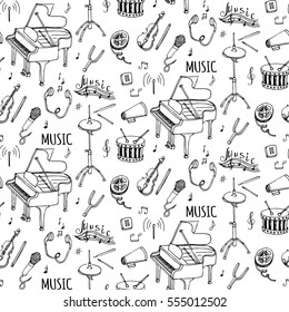Seamless pattern Hand drawn doodle Music set. Vector illustration. Musical instrument and symbols icons collection. Cartoon sound elements: Notes, Piano, Violin, Drum, Headphones, Cassette, Megaphone