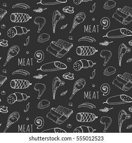 Seamless pattern Hand drawn doodle set of cartoon different kind of meat and poultry. Meat set Vector illustration Sketchy elements: Lamb Pork Ham Mince Chicken Steak Bacon Sausage Salami Delicatessen