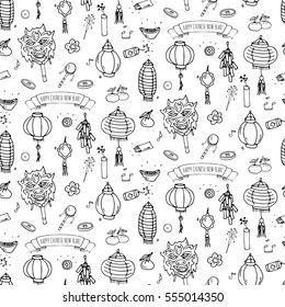 Seamless pattern Hand drawn doodle Happy Chinese New Year icons set. Vector illustration. Asian lunar festival collection. Cartoon sketch celebration elements: firecracker, golden coin envelope dragon