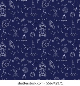 Seamless pattern Hand drawn doodle Space and Cosmos set. Vector illustration. Universe icons. Rocket, Space ship collection. Solar system, Planet, Galaxy, Milky Way, Astronaut. Tech freehand elements.