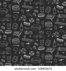 Seamless pattern Hand drawn doodle Fast food icons set. Vector illustration. Junk food elements collection. Cartoon snack various sketch symbols: soda, burger, potato,hot dog, pizza, donut, popcorn