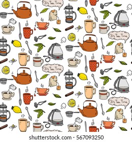 Seamless pattern Hand drawn doodle Tea time icon set. Vector illustration. Isolated drink symbols collection. Cartoon various beverage element: Mug Cup Teapot Leaf Bag Plate Mint Herbal Sugar Lemon