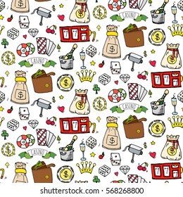 Seamless pattern with hand drawn doodle Casino icon set. Vector illustration. Cartoon Gambling symbols. Sketchy game collection: bet, jackpot, cards, chips, coins, darts, roulette, poker, money, slot